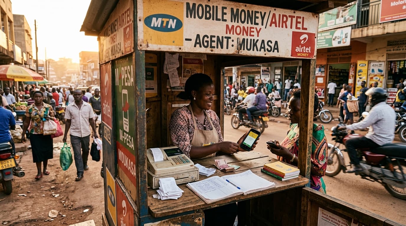 Authentic mobile money kiosk in Kampala with MTN and Airtel tills